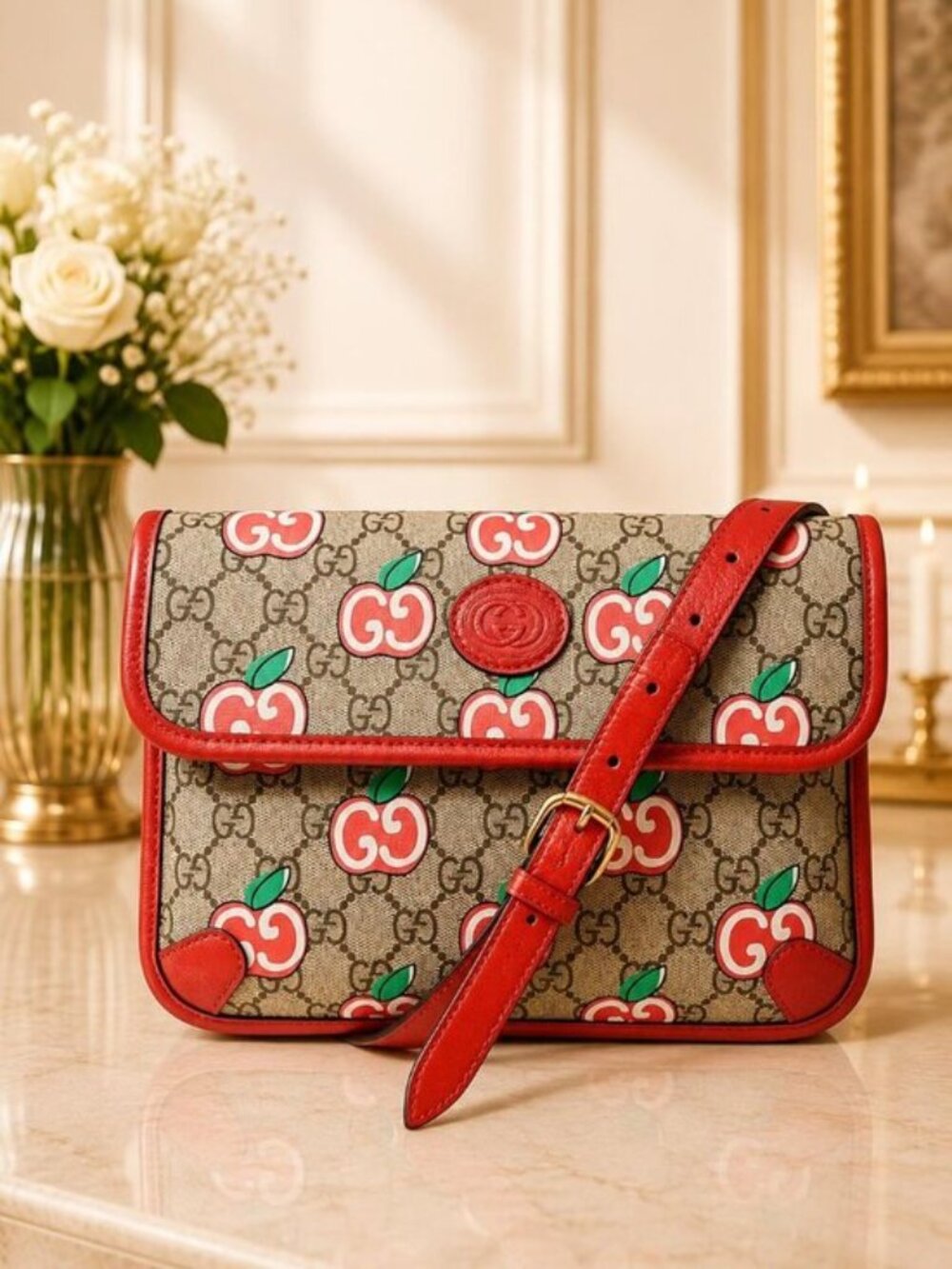 Authentic Gucci GG Supreme Apple Print Belt Bag Crossbody Waist Bag
